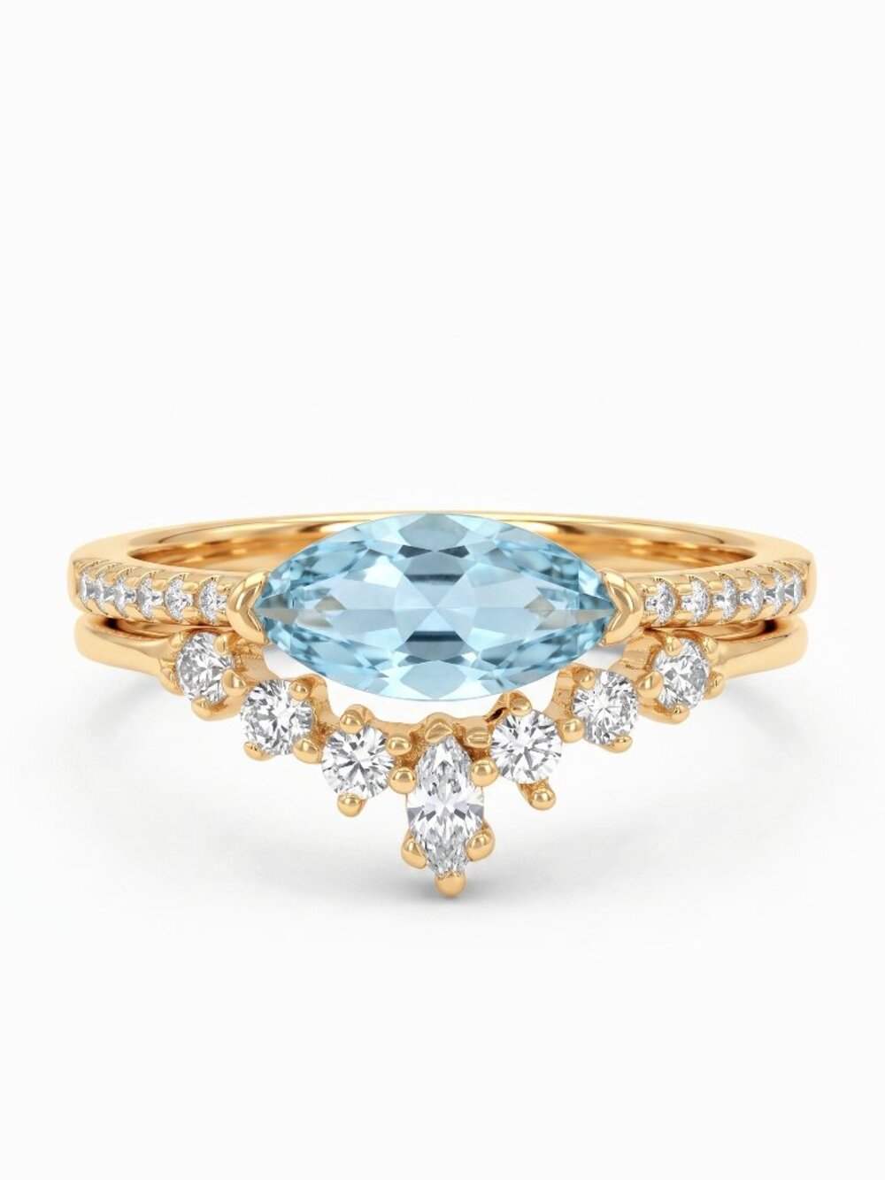 Gold and Aquamarine ring set, 925 Sterling Silver 10k gold
